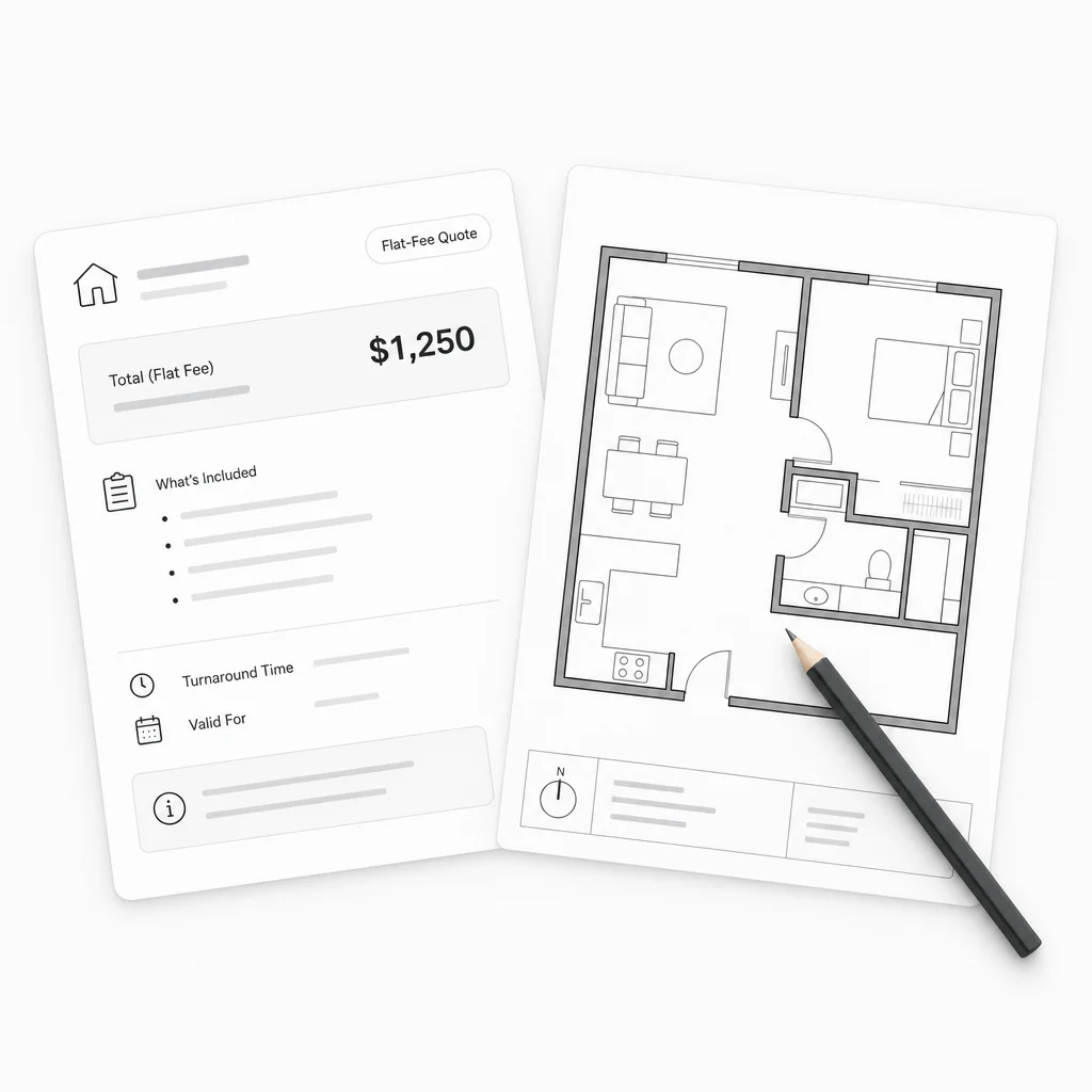 A flat-fee quote sheet beside a finished floor plan drawing