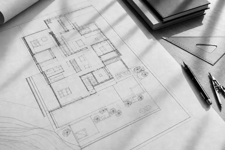 Architectural floor plan with drafting tools, in black and white