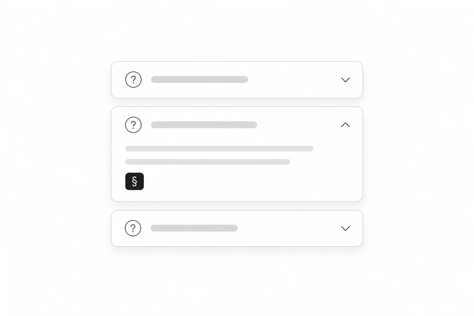 Minimal illustration of an FAQ list with one question expanded, showing its answer and a § code-citation chip