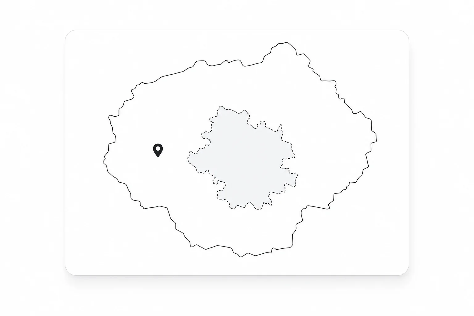 Minimal map of a county with a grey-shaded city inside a dashed boundary, and a pin in the white unincorporated area outside it