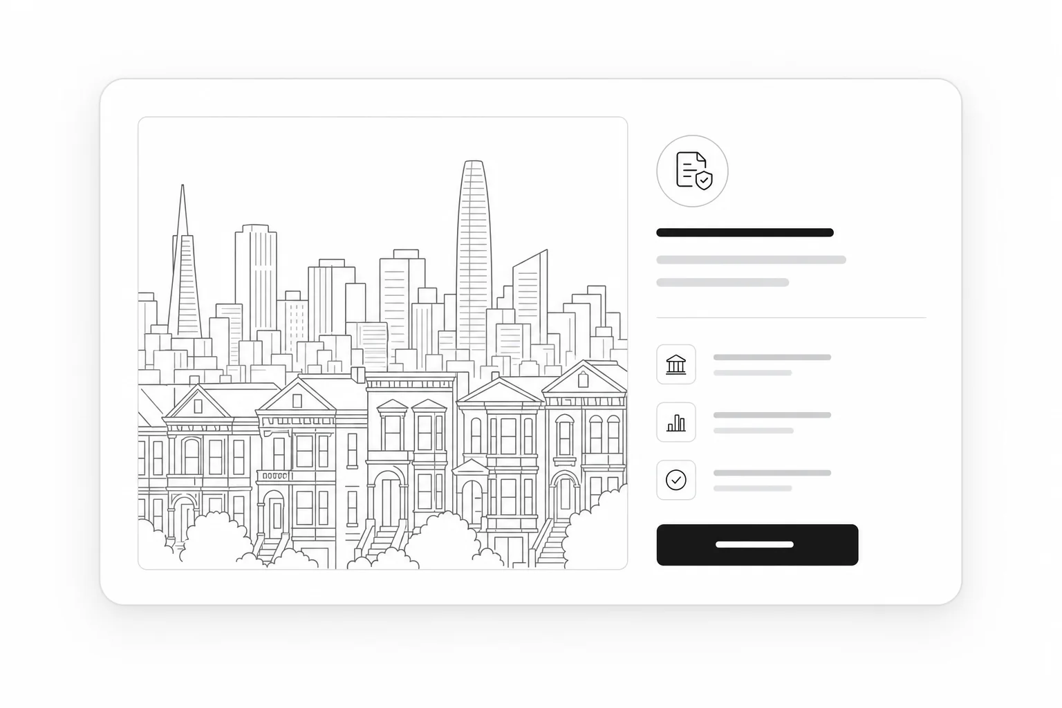 Flat monochrome illustration of the San Francisco skyline — downtown high-rises rising behind Victorian bay-window rowhouses — representing GoCodebook's California building code coverage