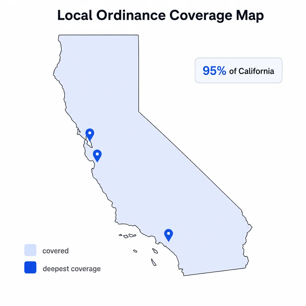 California map showing local ordinance coverage in SF Bay Area, Silicon Valley, and Los Angeles