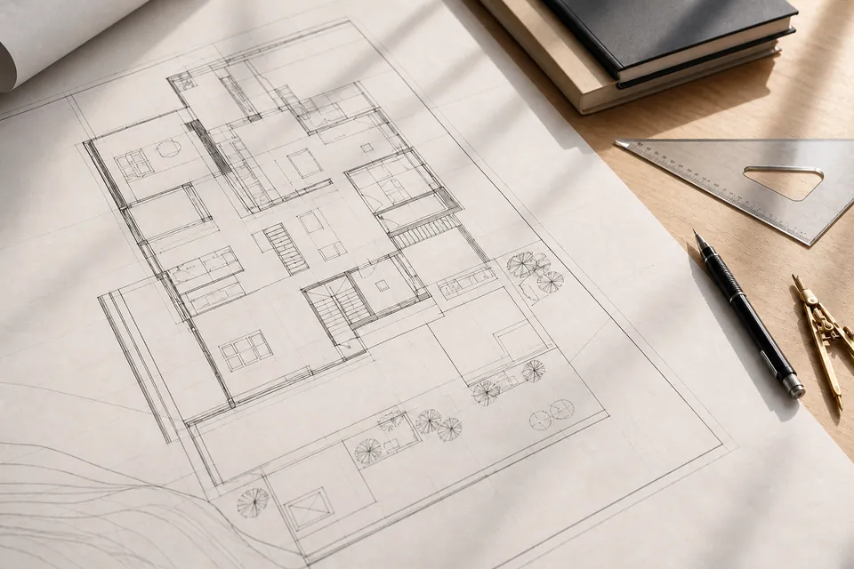 Architectural floor plan with drafting tools on a desk