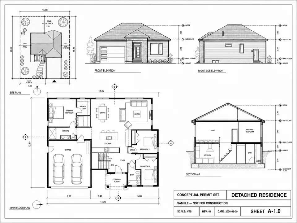 Sample 2D permit drawing sheet of a detached residence — site plan, floor plan, elevations, and section