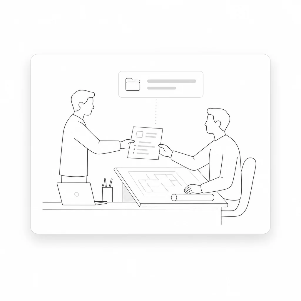 A project brief being handed to an architect at a drafting table